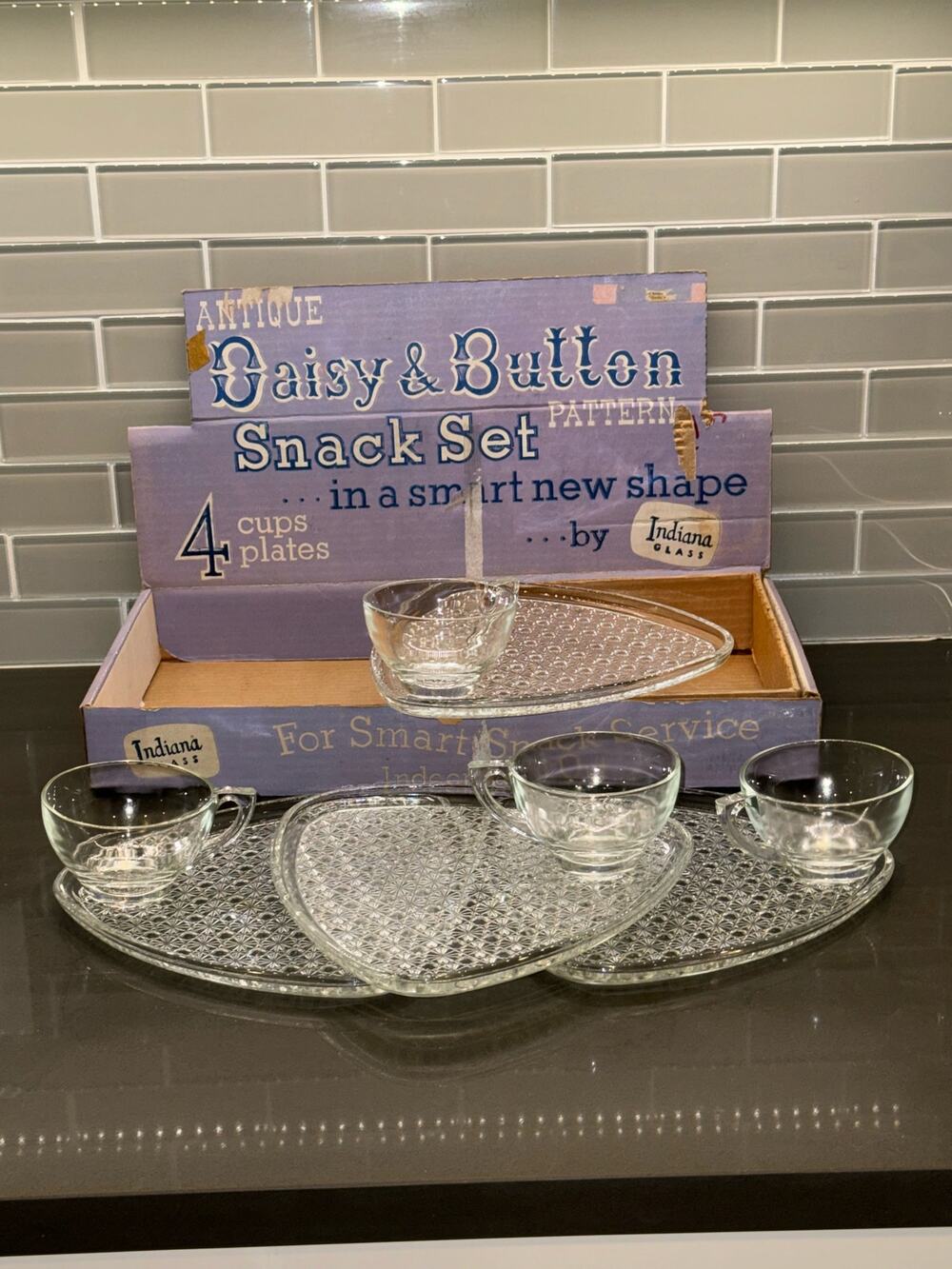 1960s Vintage Indiana Glass Co. Daisy & Button Snack Set 4 Plates, 4 Four Cups